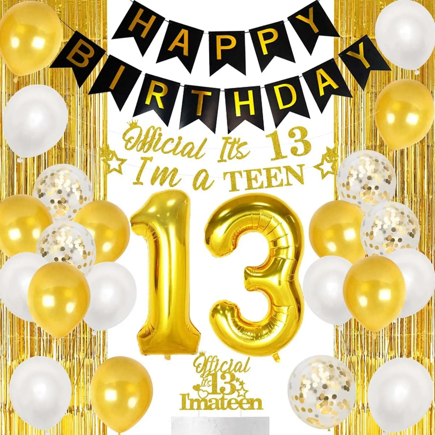 1Set 13th Birthday Decorations Black Gold for Boys or Girls Thirteenth 13 Years Old Birthday Party Supplies Banner Cake Topper Gold Fringe Curtains