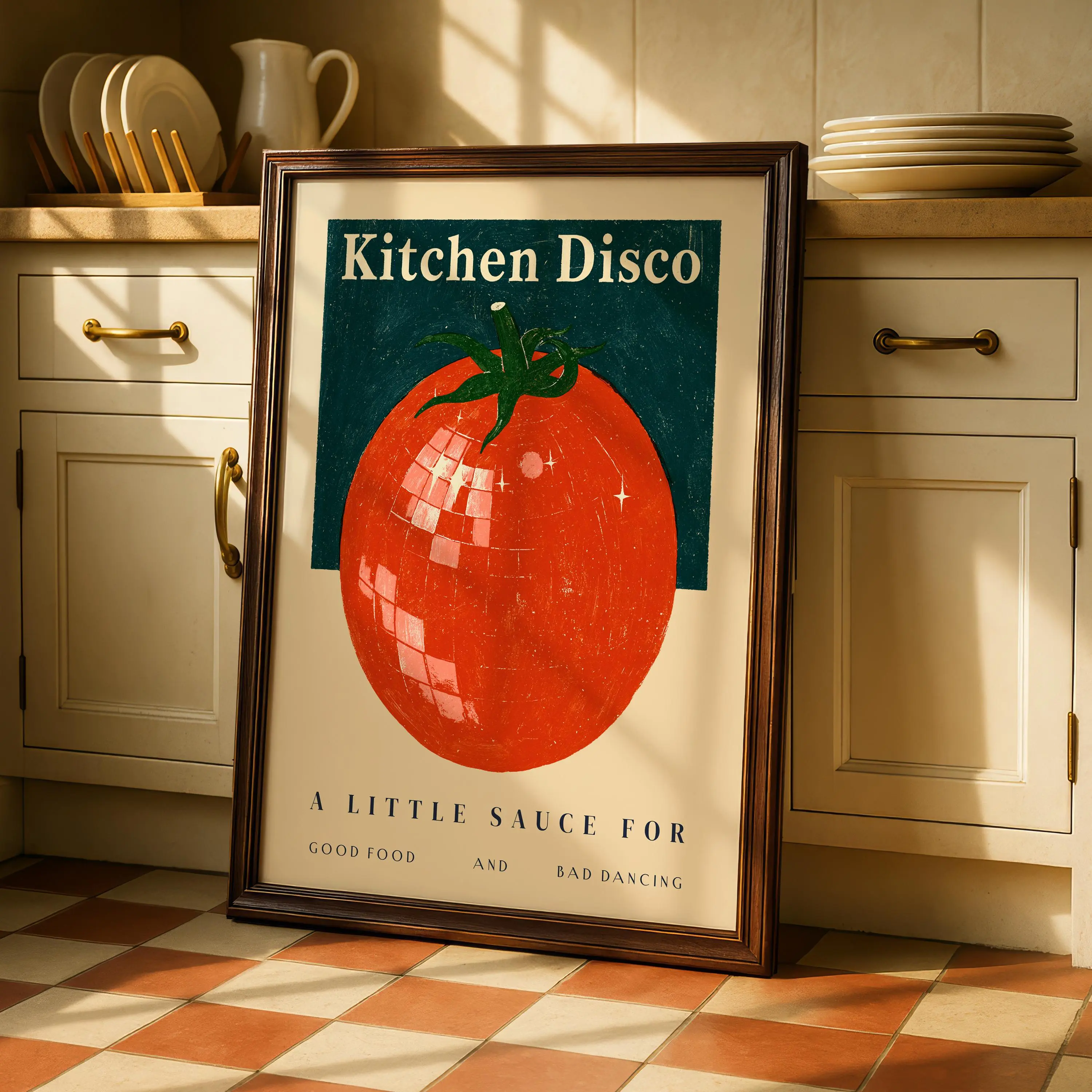 Kitchen Disco Tomato Poster, Retro Food and Dancing Quote Wall Art Print, Colorful Vintage Decor for Kitchen, Dining Room, Café, Restaurant and Home Bar