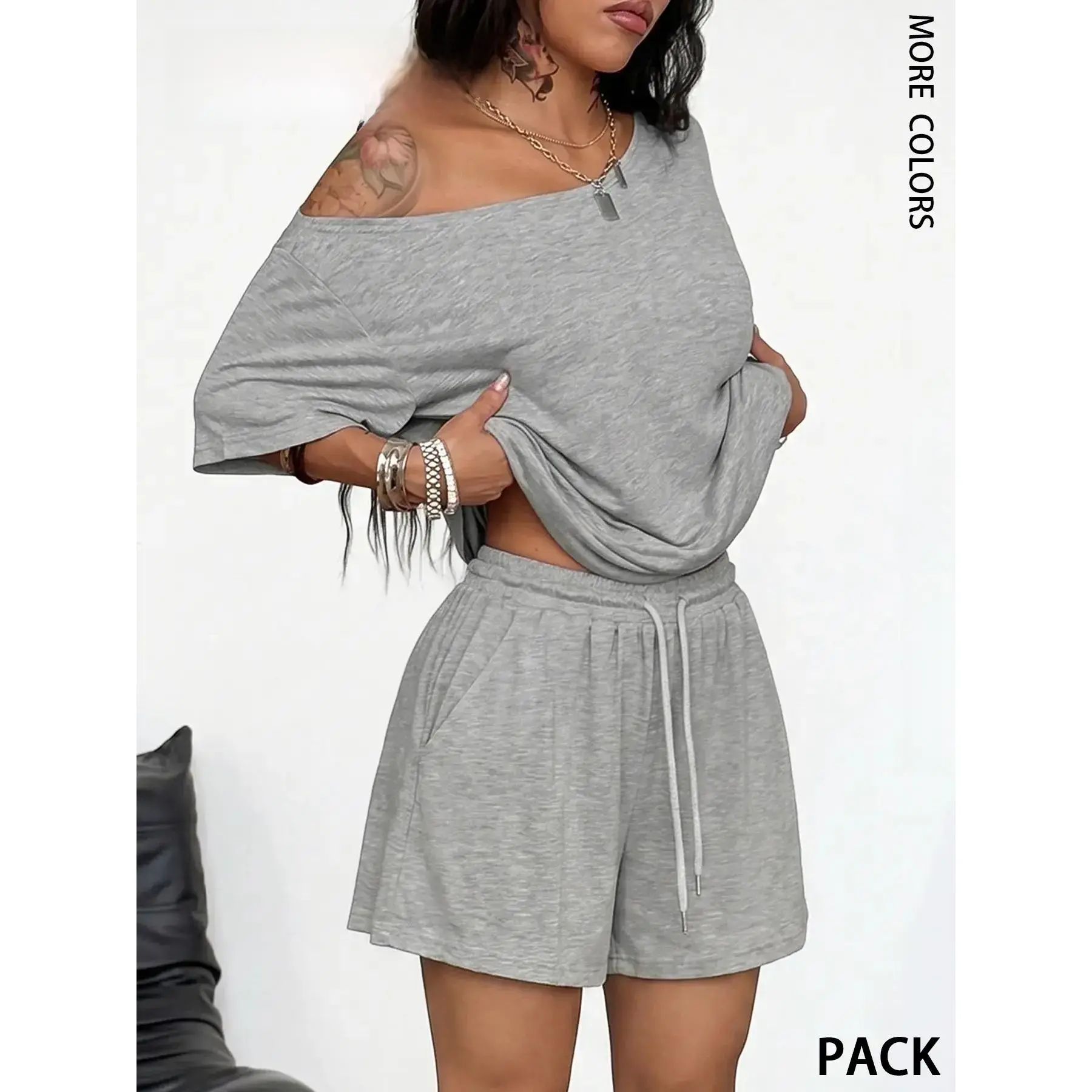 2-Piece Women's Minimalist Basic Daily Wear, Comfortable Loose Off Shoulder T-Shirt and Shorts Outfits, Casual for Summer Going Out and Sports, Trendy Ladies Fashion Ensemble # GLOBAL PICKS