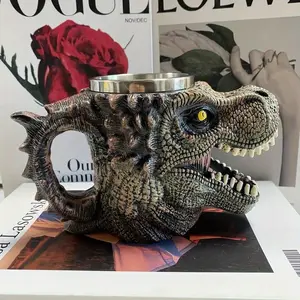 Vintage Resin and Stainless Steel Dinosaur Head Mug, Retro Dragon Bone Coffee Mug, Gothic Style Reusable Drink Container, Perfect for Fantasy Lovers
