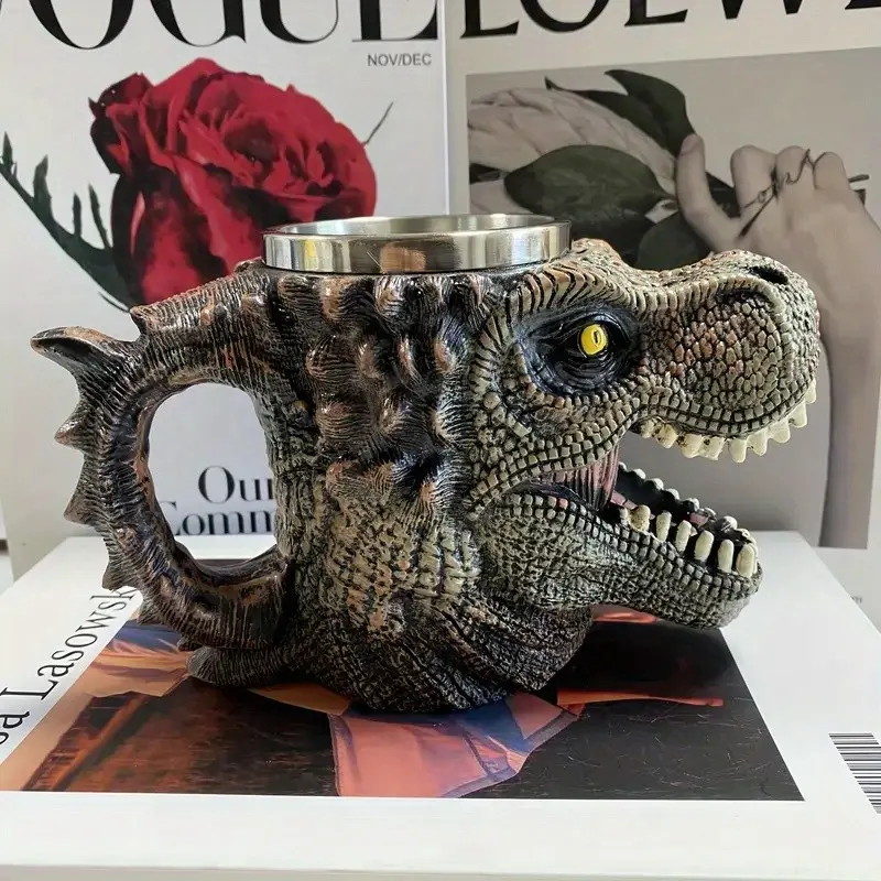 Vintage Resin and Stainless Steel Dinosaur Head Mug, Retro Dragon Bone Coffee Mug, Gothic Style Reusable Drink Container, Perfect for Fantasy Lovers, Drinkware, Beverage Mug