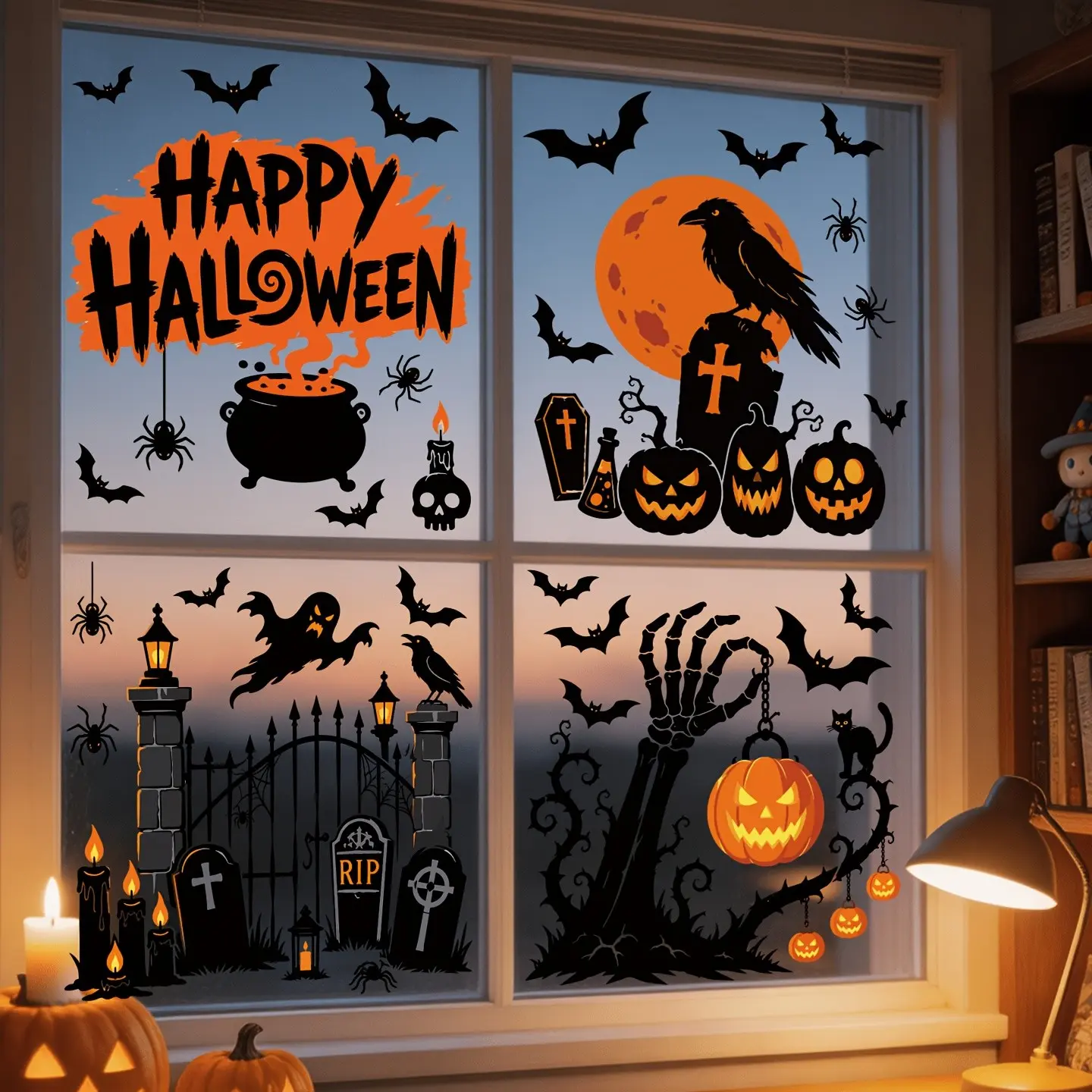 Halloween Static Window Stickers Set, Happy Halloween Theme, Classic Dark Elements, Pumpkin, Raven, Ghost, Bat, Spider, Cauldron, Cat