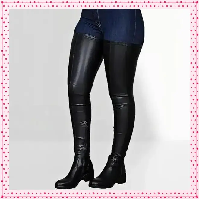 Knee High Boots Women Thigh High Over Knee Stretch Fashion Low Chunky Heel Round Toe Zipper Winter Boots Black US.- Footwear Shoe Bota Decor