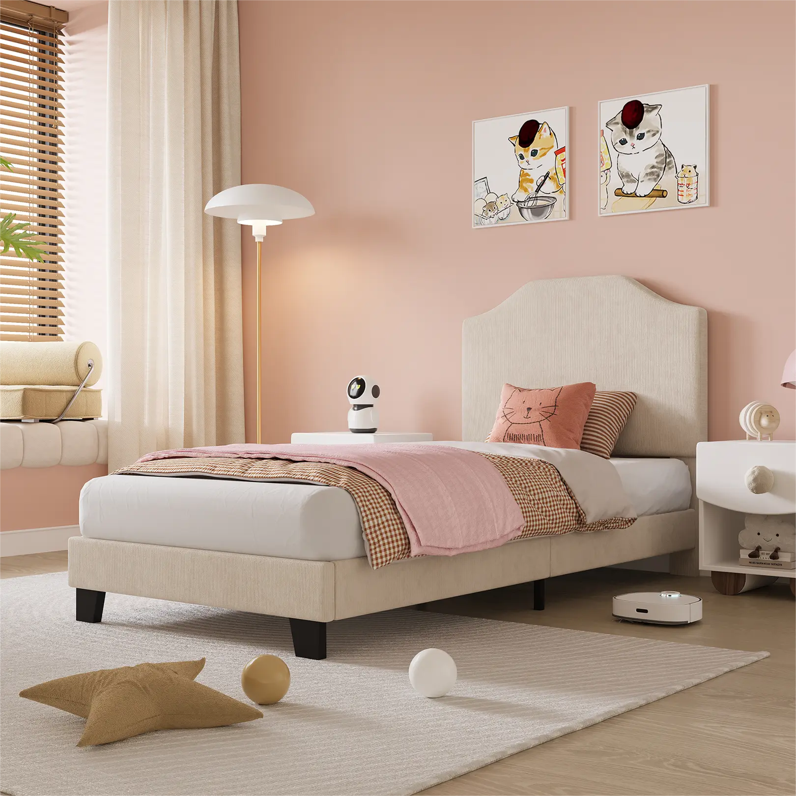 Twin Pink/White Corduroy Bed Frame with Adjustable Headboard & Low Profile, Wood Slats, No Box Spring