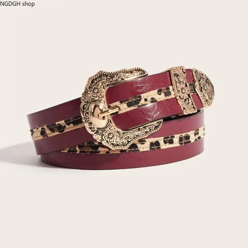 Western Red Leopard Print Leather Belt for Women, Ornate Gold Floral Buckle Hardware, Trendy Y2K Boho Festival Casual Fashion Accessory