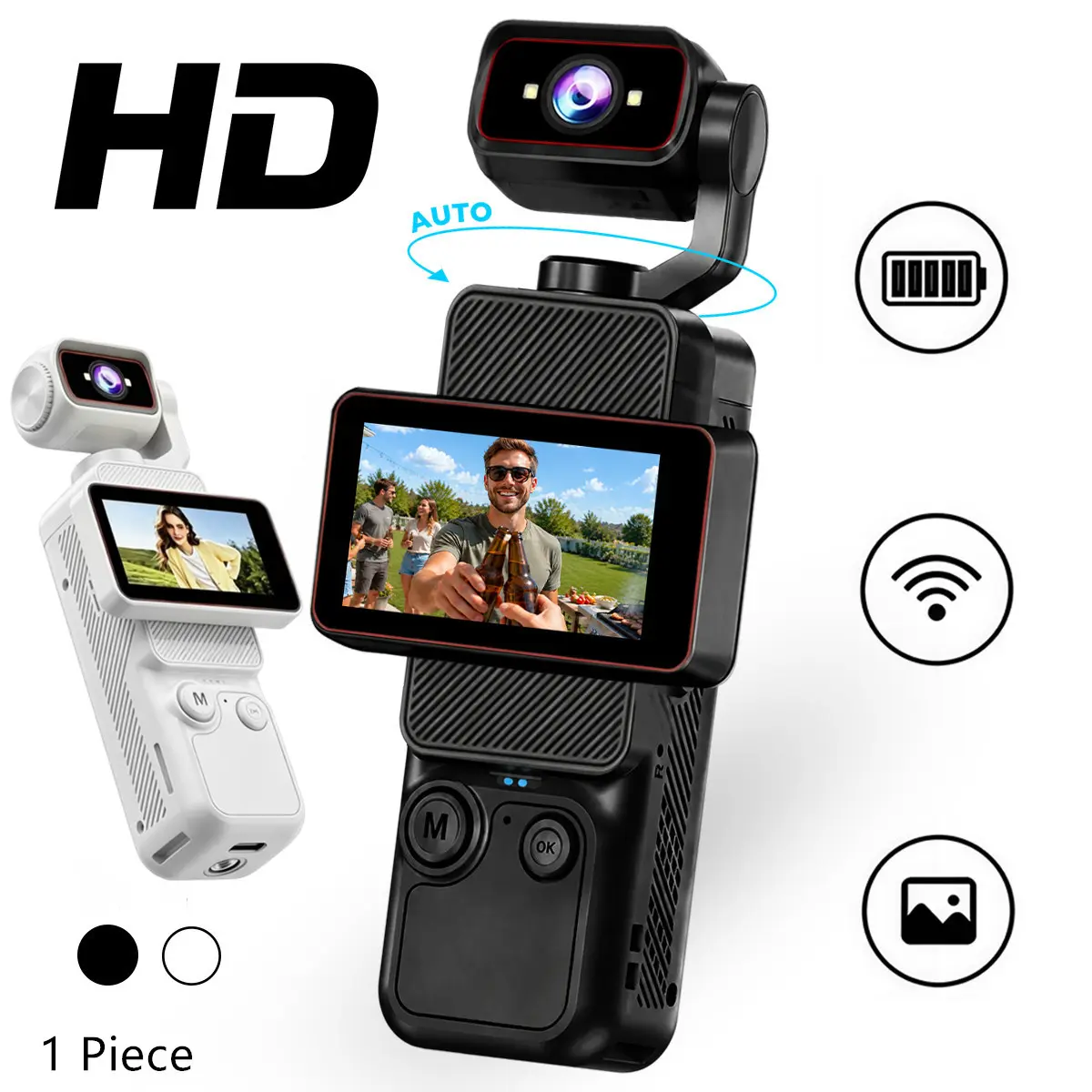 HD Pocket Camera, 90° Manually Flip Screen & 180° Auto Rotating Lens, Compact POV Vlogging Camera with WiFi, Perfect for YouTube, TikTok, Outdoor Shooting, and Creative Storytelling (White/Black) HD Video Camera