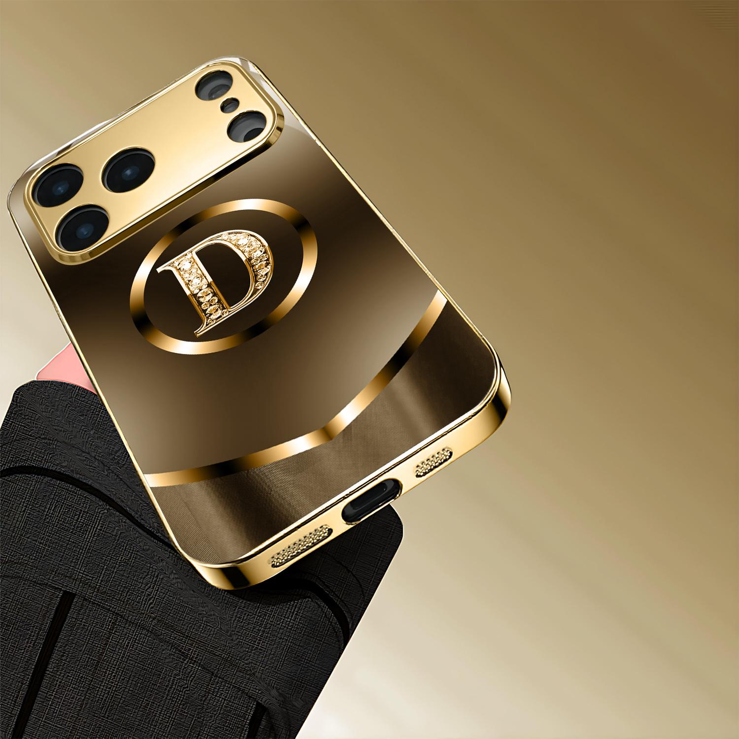 Elegant High-End Letter D Pattern Electroplated Gold New Phone Case, Suitable for iPhone 17/17 Pro/17 Air/17 Pro Max/16/16 Pro/16 Plus/16 Pro Max/15/15 Pro/15 Pro Max/14/14 Pro/14 Plus/14 Pro Max/13/13 Pro/13 Pro Max/13 Mini/12/11/XR/XS/X Tempered Glass,