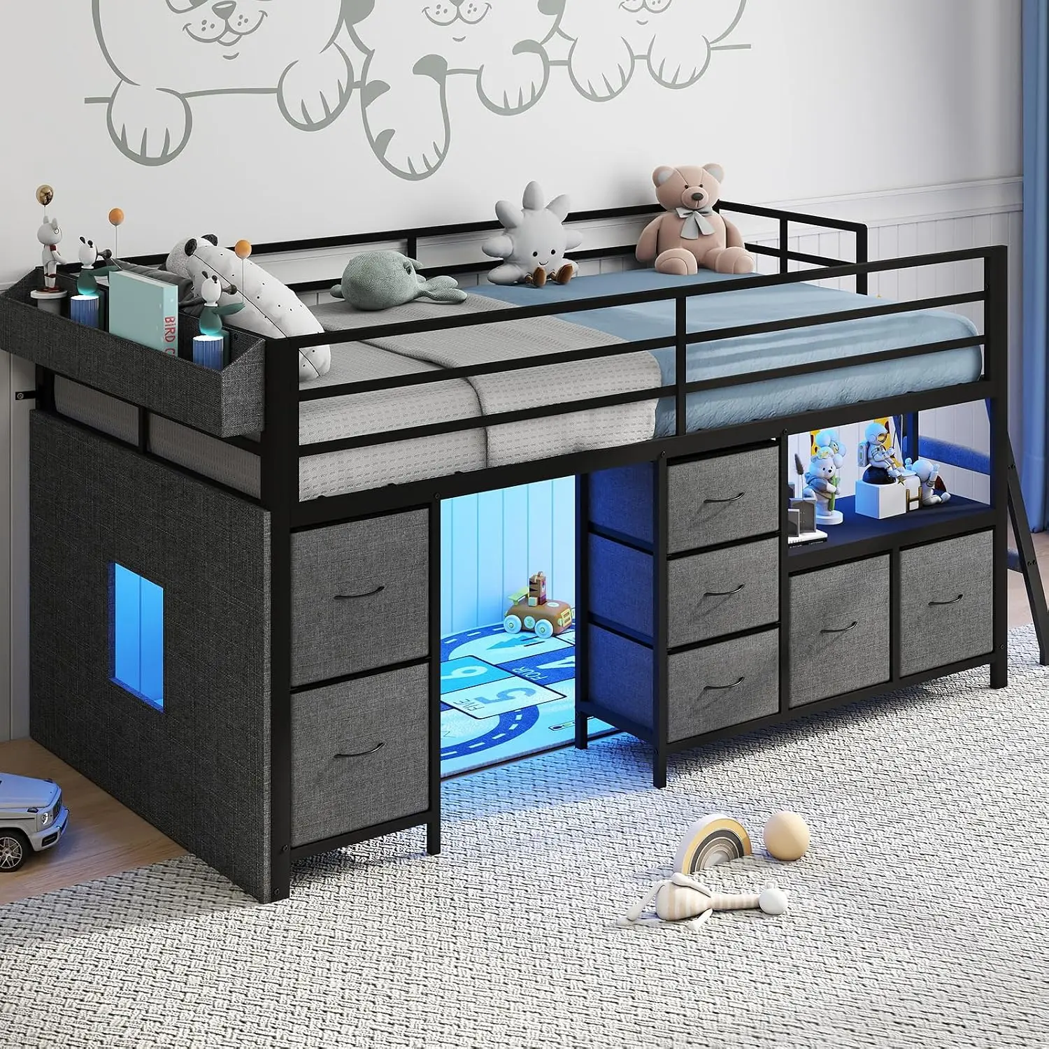 Gray Twin Size Low Loft Bed Frame - 14-in Height Safety Rail, Climbing Ladder, 7 Storage Drawers, Built-in Bookcase, LED Lighting, Open Under-Bed Play Curtain Area, Heavy-Duty Space-Saving Indoor Bedroom Furniture with Storage Design