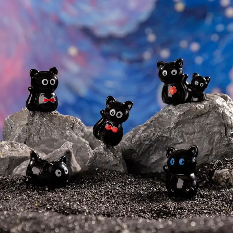 5Pcs Mini Cute Cartoon Black Cat Figurines, Tiny Animal Mini Beads for Moss Jar Micro‑Landscape, DIY Dollhouse & Potted Plant Accessories, Car Desk Decor, Home Decor, Cute Small Gift