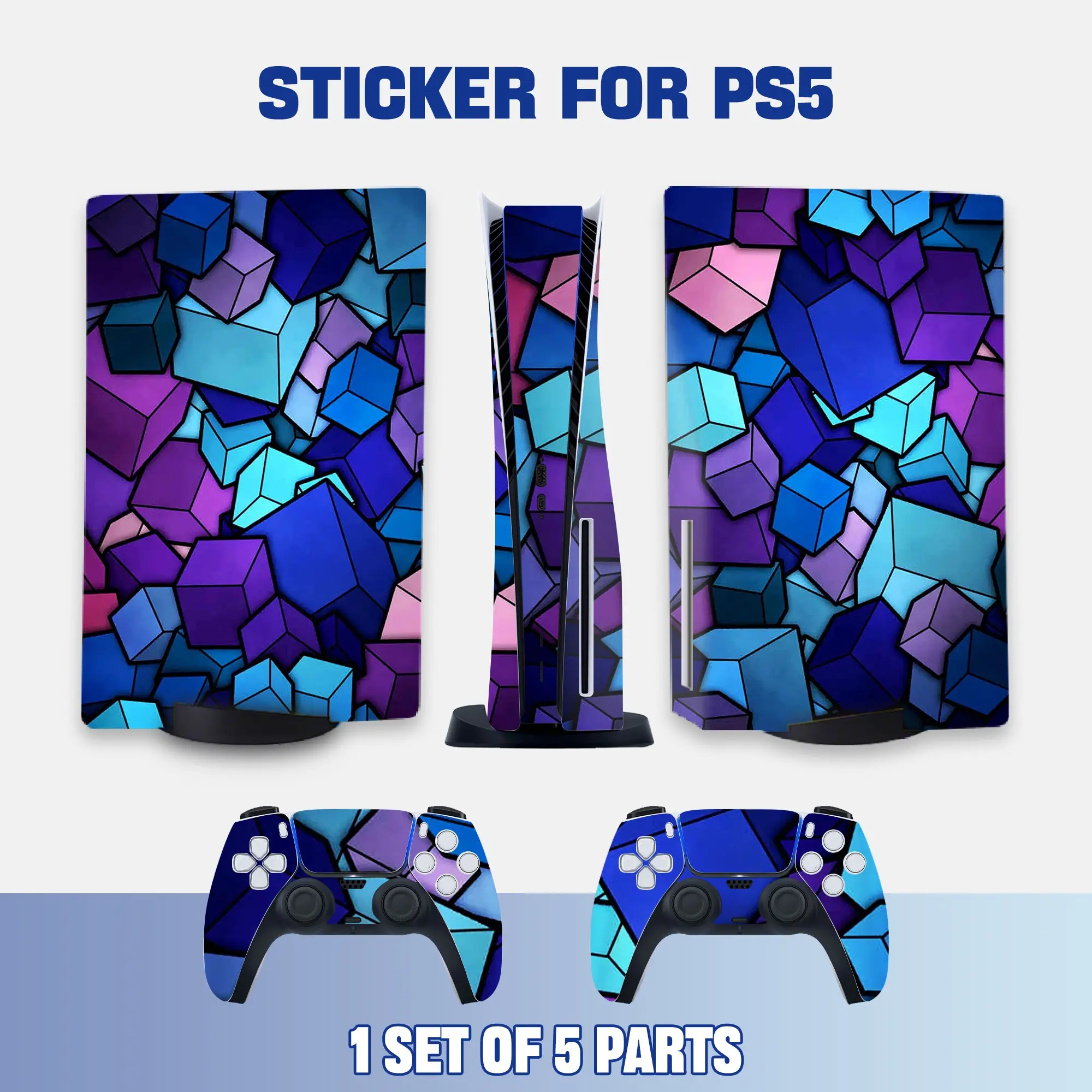 Ps5 Disc Edition Controller Vinyl Stickers Set with Blue Geometric Cube Art Durable Waterproof Easy to Remove Gaming Console Protective Film
