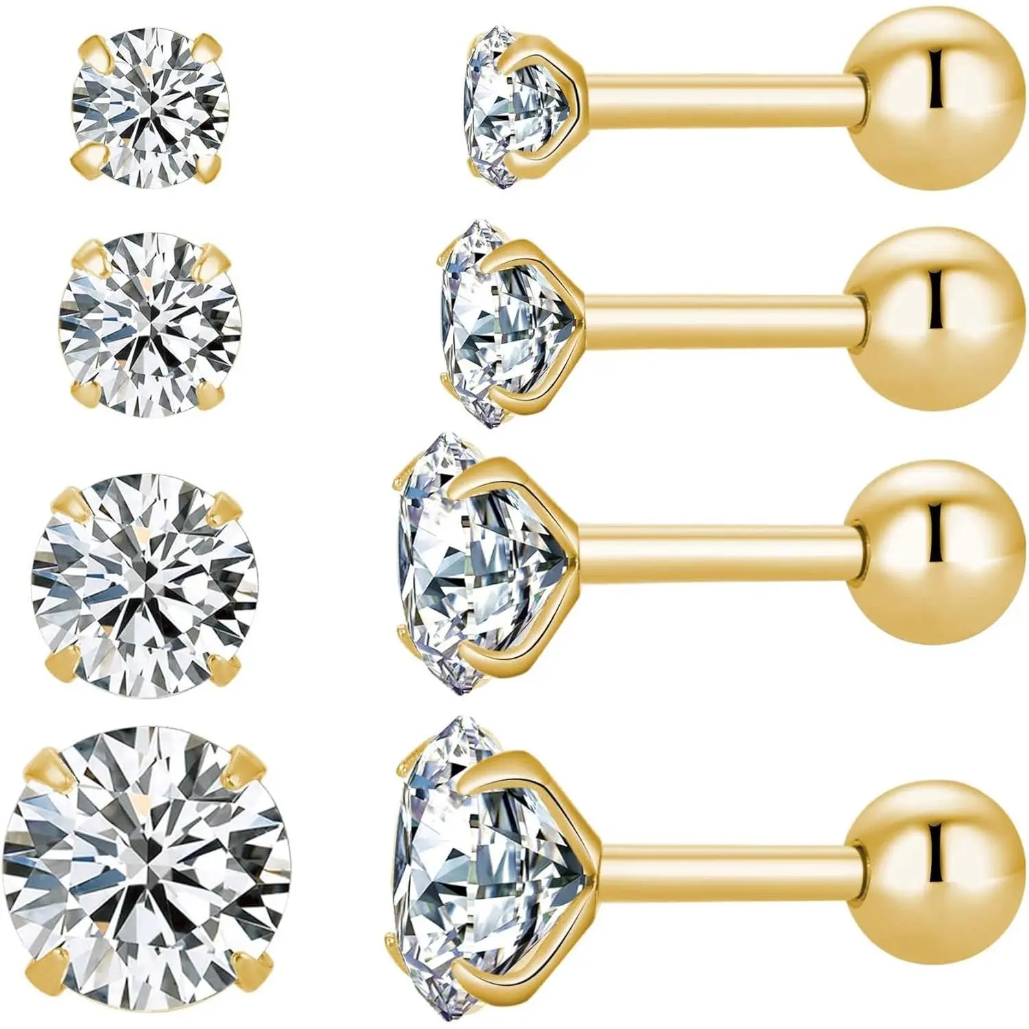 Women's 4-Pair Screw-Back Surgical Stainless Steel Stud Earrings Set - Gold-Plated Silver, Heart, Star, Square, Princess Cut, Round CZ Cubic Zirconia
