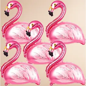 5Pcs Pink Flamingo Foil Balloons - Tropical Flamingo Balloons, Reusable Mylar Balloons for Summer Birthday Hawaii Luau Aloha Beach Pool Party Decorations