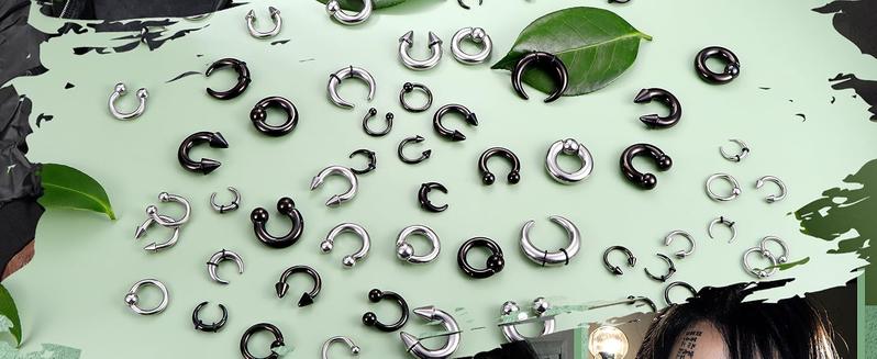 Fansilver Steel Septum Kit - 2G to 14G Septum Rings, Pincher, Tapers & Gauge, Nose Piercing Jewelry - Silver & Black Tone