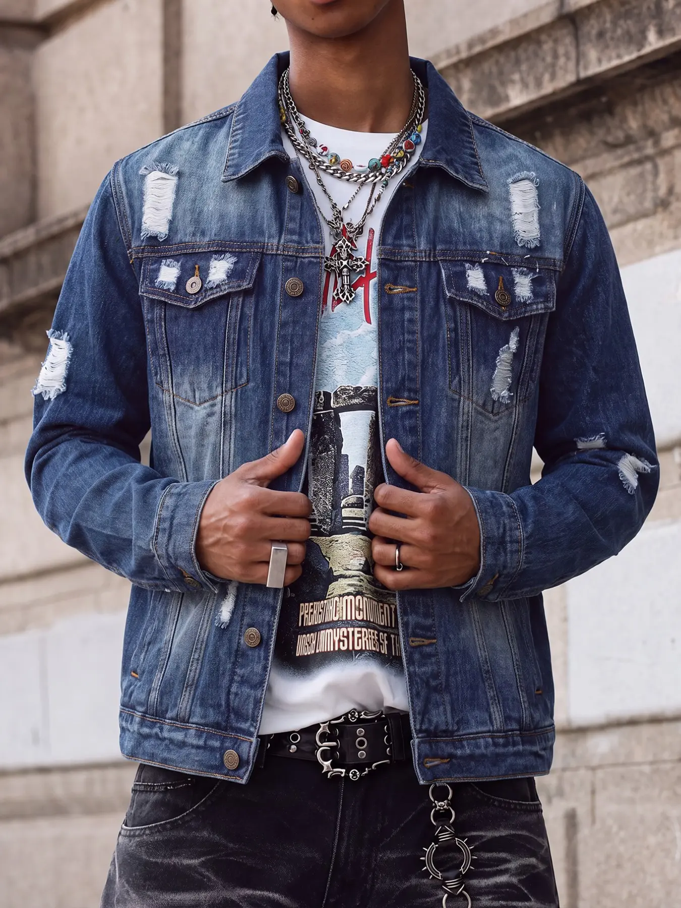 Men's Dark Blue Washed Distressed Denim Jacket, Ripped Button Up Trucker Coat for Streetwear