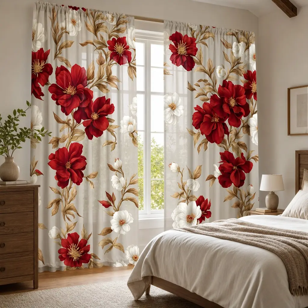 2-Pack Rose Vine Base French Semi-Transparent Curtains, Polyester Material, Rod Pocket Design, Home Decor for Bedroom, Living Room, Kitchen, Balcony