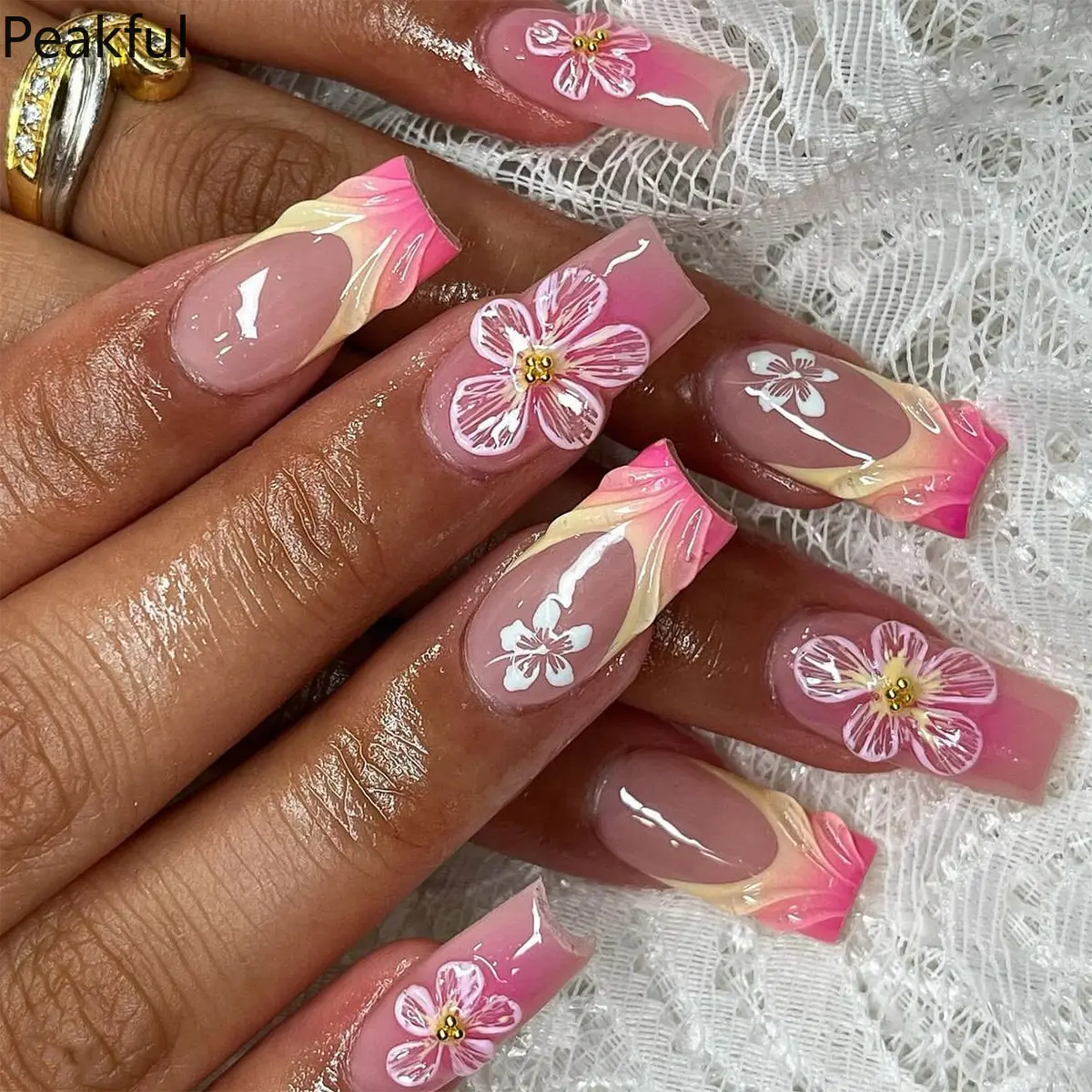 24Pcs Handcrafted 3D Floral French Press-On Nails, Short Square Blush Gradient Finish with Pearl Accents, Glossy Reusable Acrylic Nails for Women, Coquette Style Statement Set for Gifts & Parties