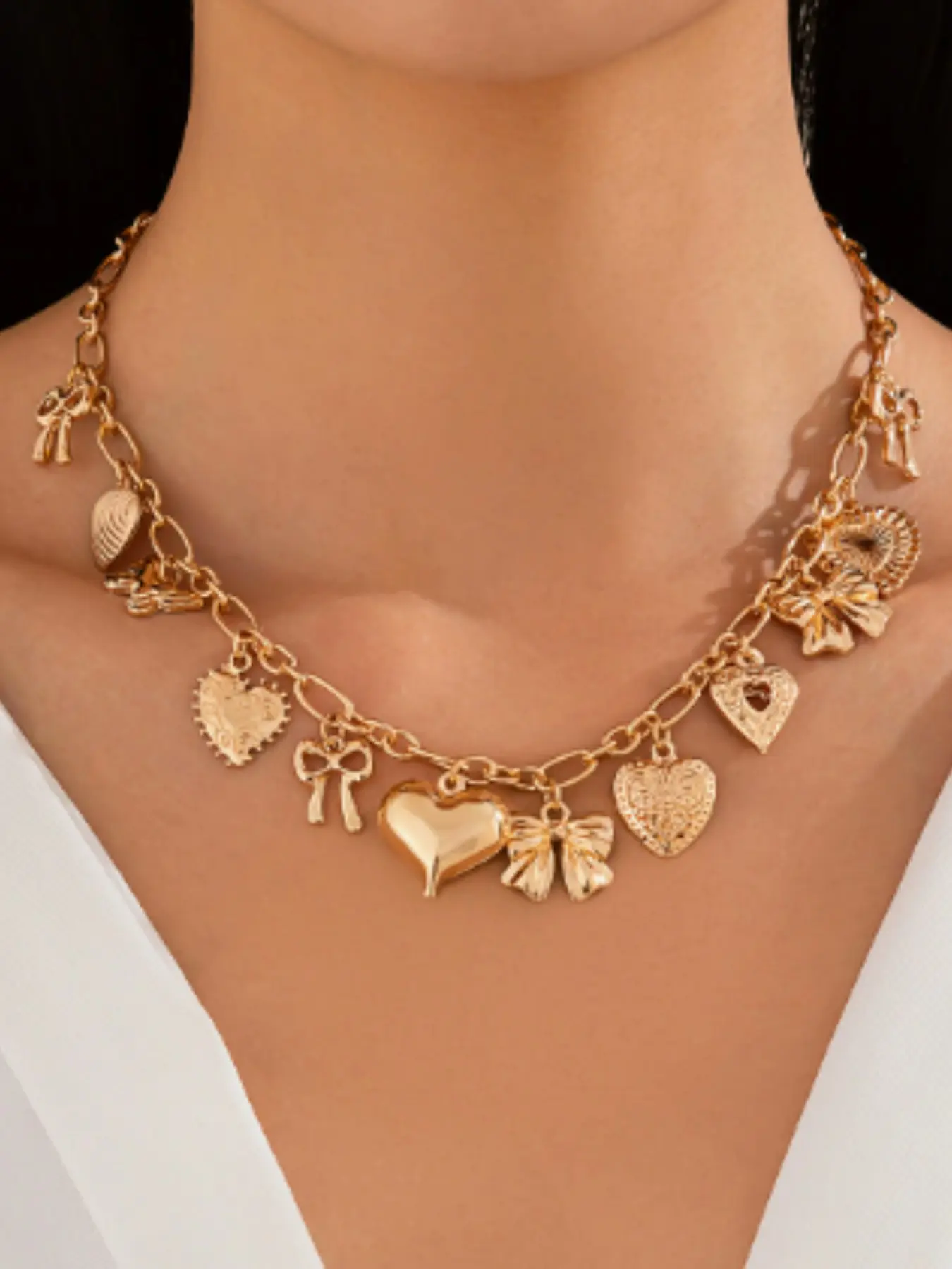 Elegant Heart Bow Multi-Pendant Necklace, Versatile Lockbone Chain Jewelry, Unique Fashion Accessory for Women