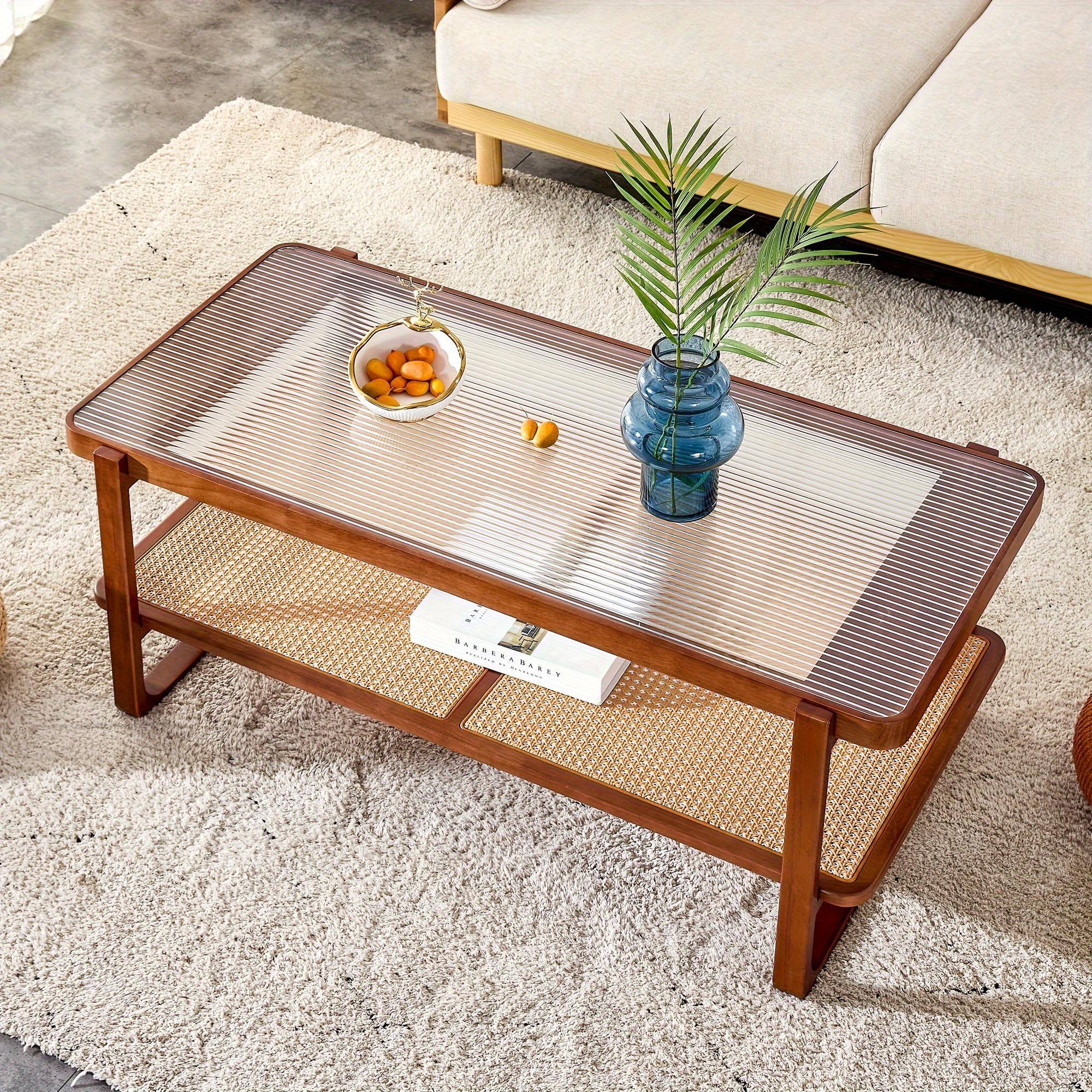 Modern Rectangular Glass Desktop Coffee Table Rattan Woven Edge Coffee Table Living Room