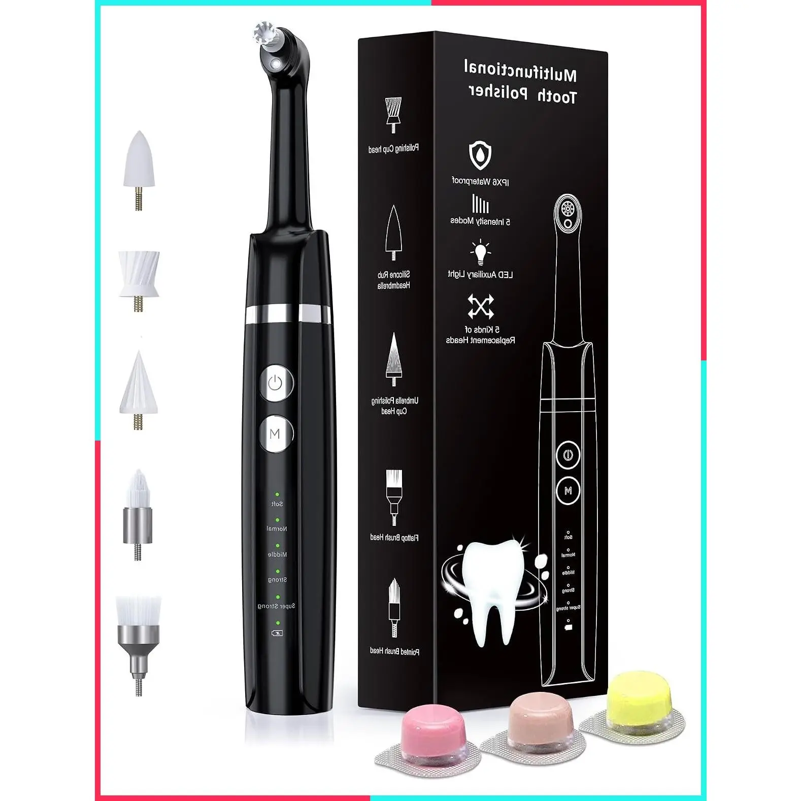 Rechargeable Tooth Polisher & Whitening Kit with 3 Polish Pastes, 5 Brush Heads, LED Light – Easy at-Home Dental Care (Black)