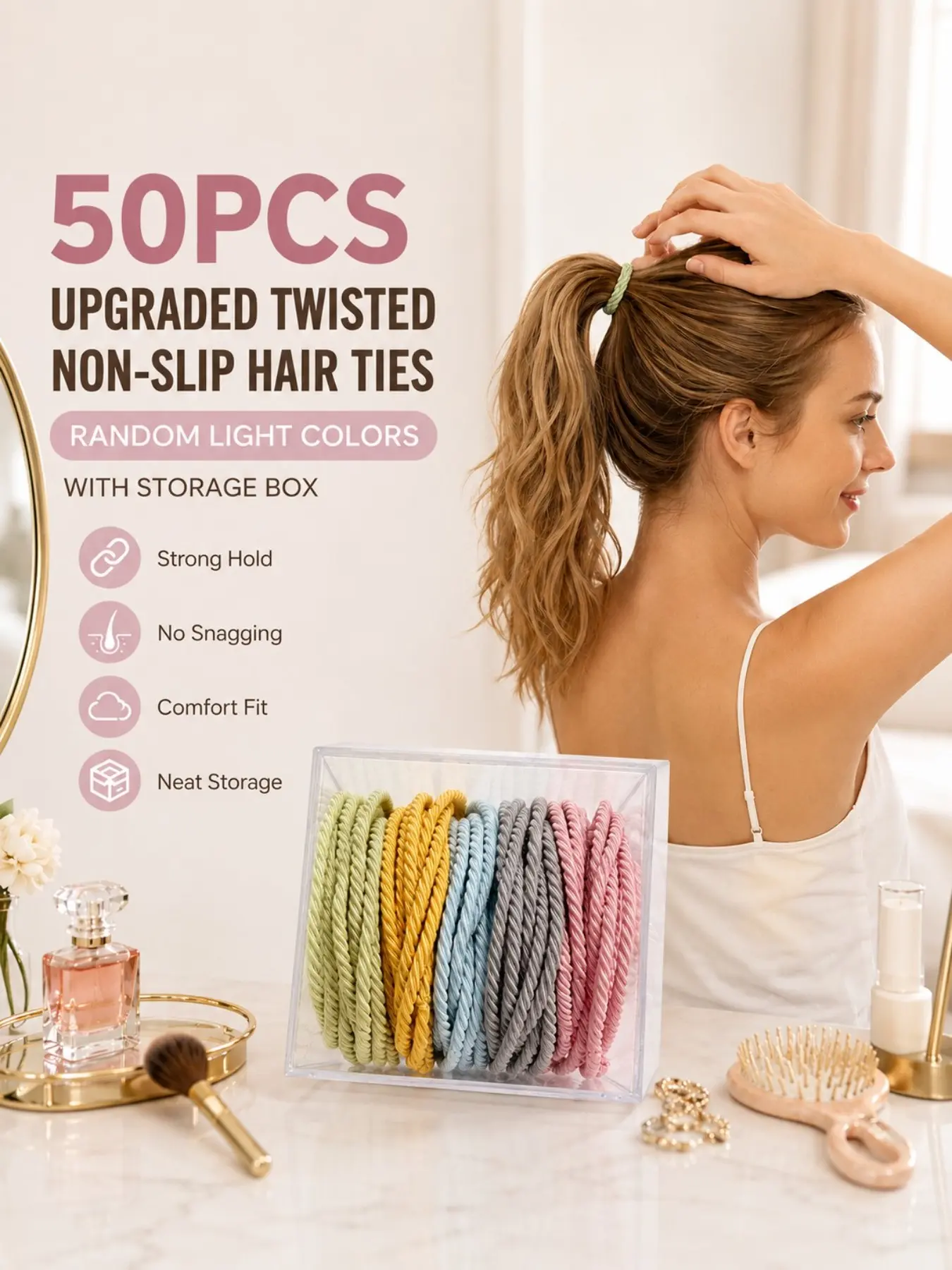 50pcs Boho Braided Hair Tie in Mystery Color, Strong Stretch Seamless Elastic Hair Band, Seamless Hair Ties, No Crease Ponytail Holder for Thick Fine Curly Hair, Birthday Mother's Day Gift for Mom