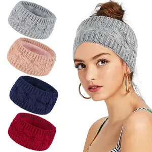 Winter Fleece Lined Knit Headbands for Women, Thick Twisted Cable Knit Wide Ear Warmer Head Wrap, Warm Thermal Stretch Sports Hair Bands Cold Weather Hair Accessories