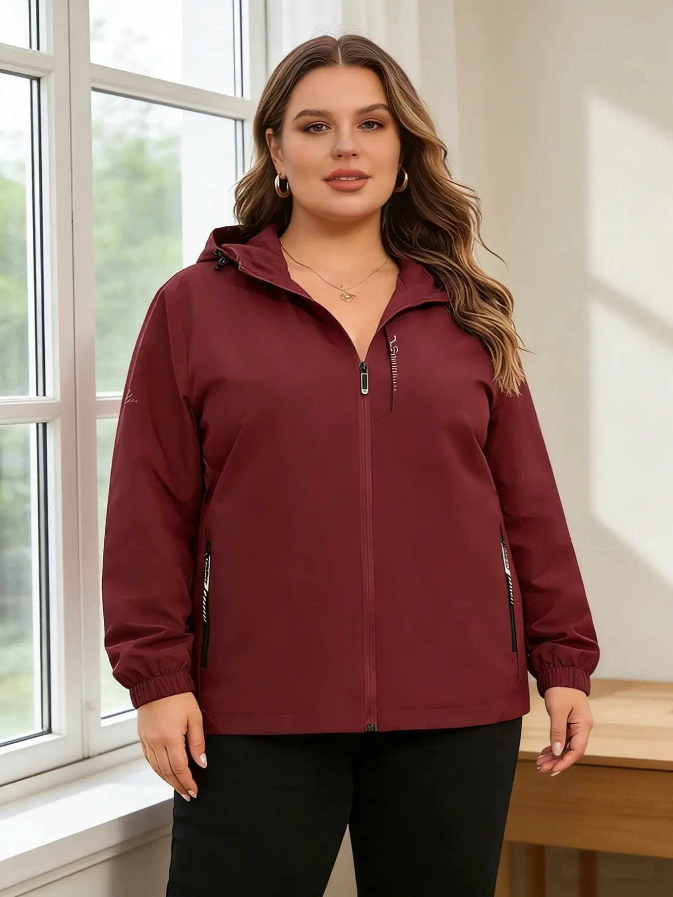 Women's Plus Size Casual Sporty Outdoor Windbreaker, Fashionable Baggy Loose Fit Long Sleeve Jacket, Hooded Lightweight Thin Coat, Breathable Mesh Lining, Spring & Fall Outerwear
