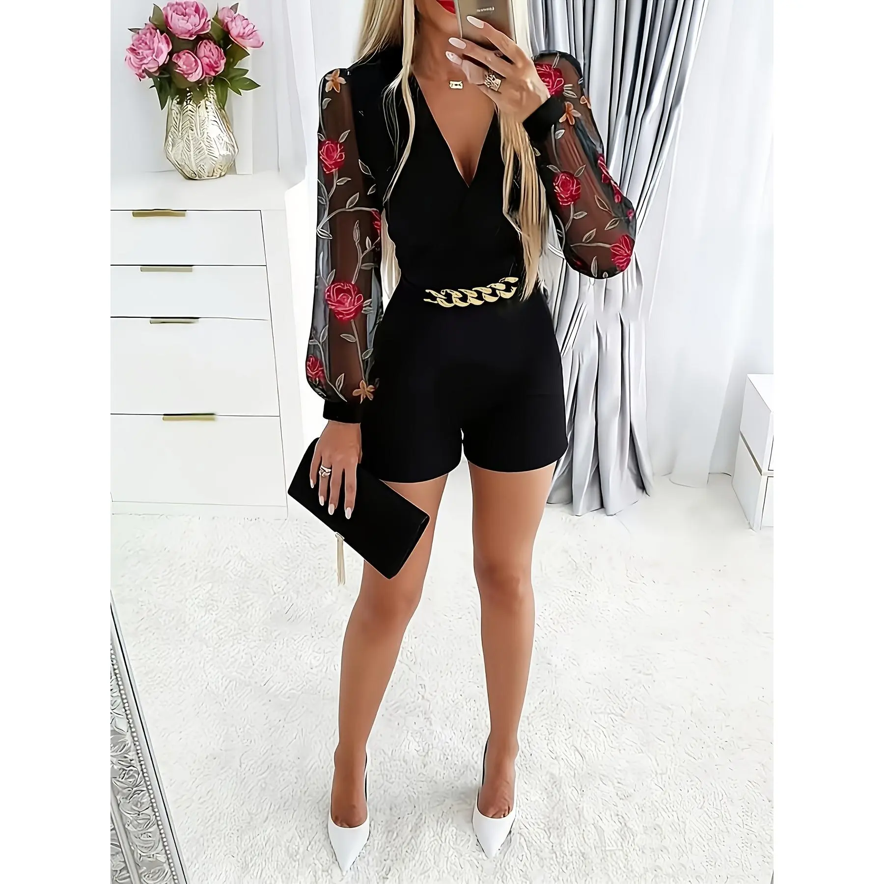 6204 Elegant Solid V-Neck Lace Mesh Contrast Jumpsuit.Solid Color/V-Neck/Lace Mesh Sleeves/Chain Decoration at Waist/Long Sleeve Shorts.Stretchy Comfortable Fabric.Casual Wear/Commute/Party//Dinner/Date.Fashionable Elegant Jumpsuit
