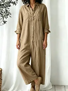 Women's Fashion Lazy Style Casual Loose Fit Slimming Wide-Leg Button Front Overalls Bodysuit with Flap Lapel and Single Row Buttons, Suitable for All Seasons, Ideal for Short Trips, Cafe Visits, Library, and Comfortable Home Wear