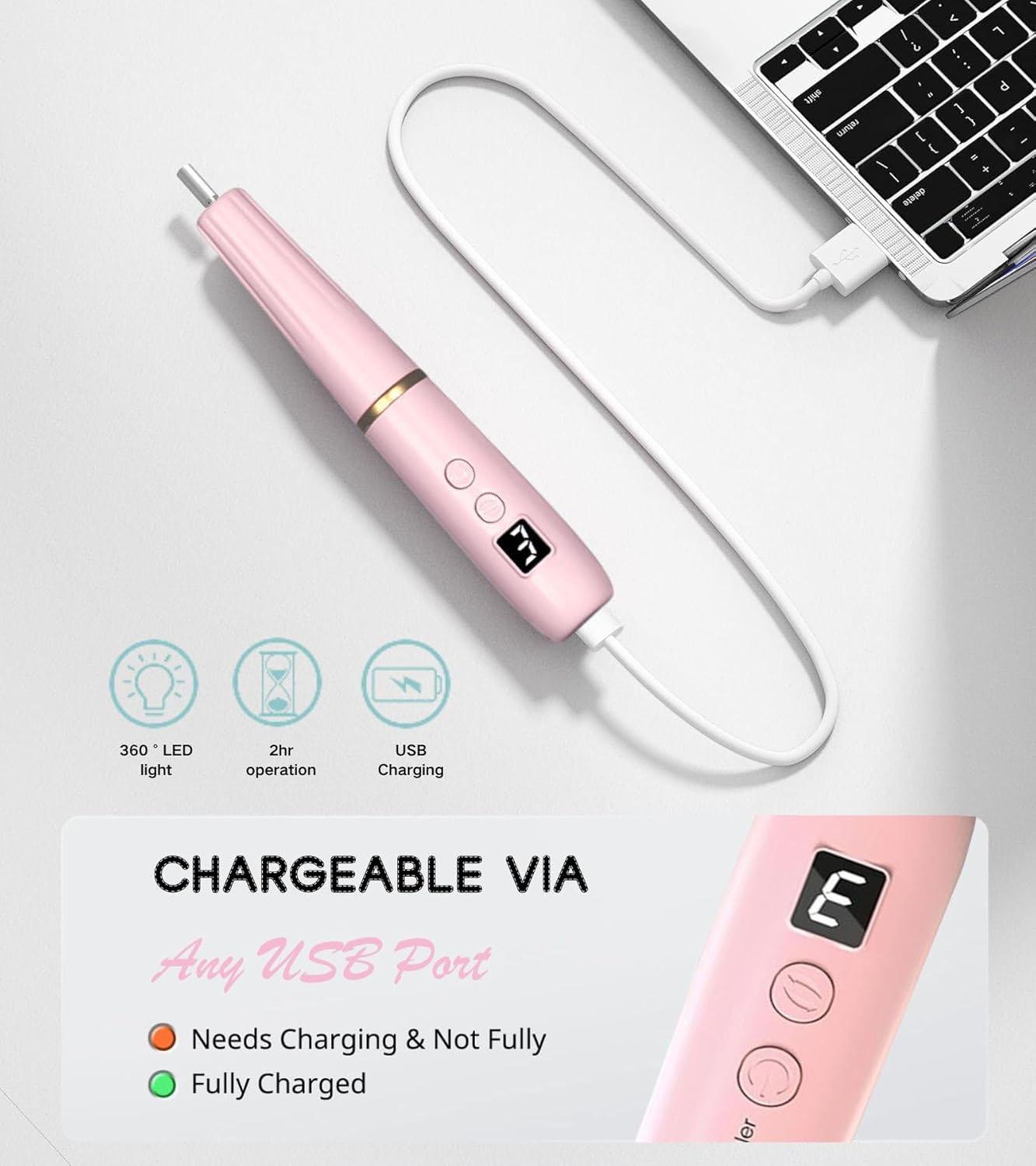 HengYuaoler Electric Nail Drill & File - Portable Nail Machine Kit for Acrylic Gel & Dip Powder Nails Manicure Pedicure Polishing Set with 12 Bits & Sanding Bands Matte Pink