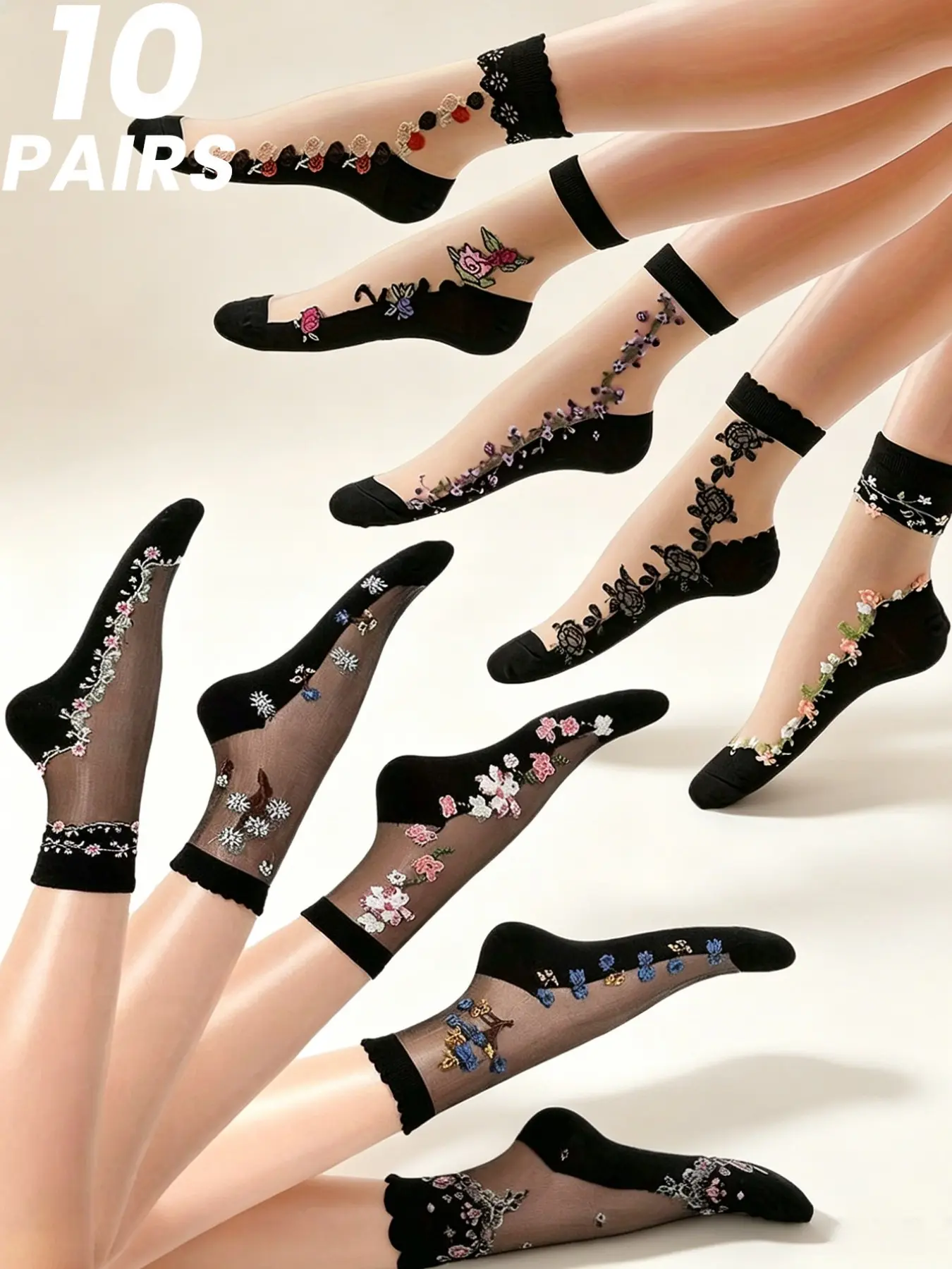 10 Pairs Women's  Floral Mid-Calf Stockings, Socks, Elegant Sexy Design, Breathable Comfort, Fashionable Versatile, Ideal for Spring Summer