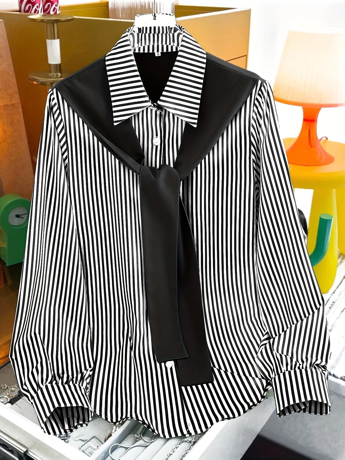 Women's Striped Print Tie Front Shirt Blouse, Casual Long Sleeve Collared Top for Spring & Fall, Women's Clothing for Daily Wear