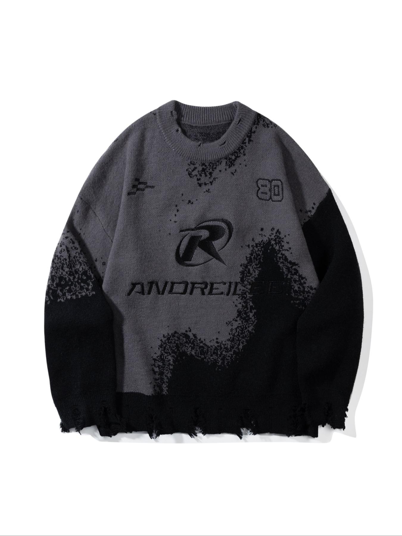 Men's Letter & Figure Pattern Ripped Design Acrylic Sweater, Loose Casual Drop Shoulder Long Sleeve Round Neck Jumper for Spring & Fall, Fashion Men's Knitwear for Daily Wear