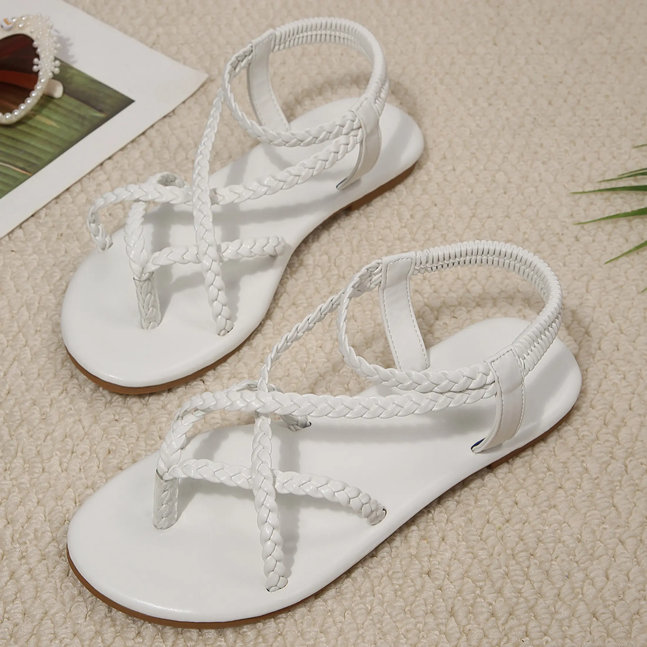 Summer Women's Boho Braided Thong Sandals Crisscross Front Elastic Ankle Strap Casual Outdoor Footwear