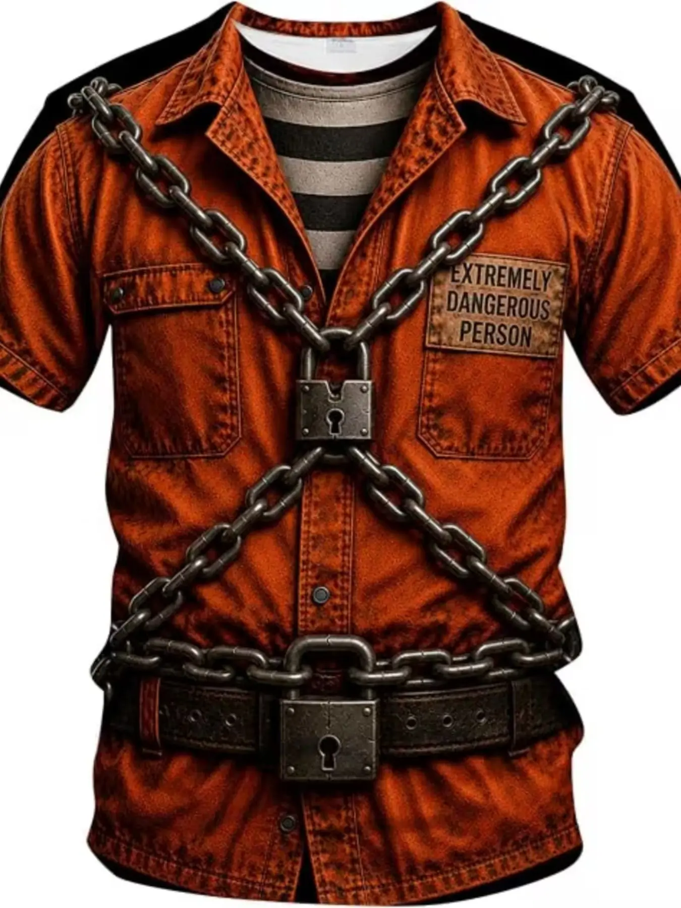 Novelty 3D Prison Uniform T-Shirt, Unisex Crew Neck, Short Sleeve, Full Back Print, Horror Jail Cosplay, Casual Tops