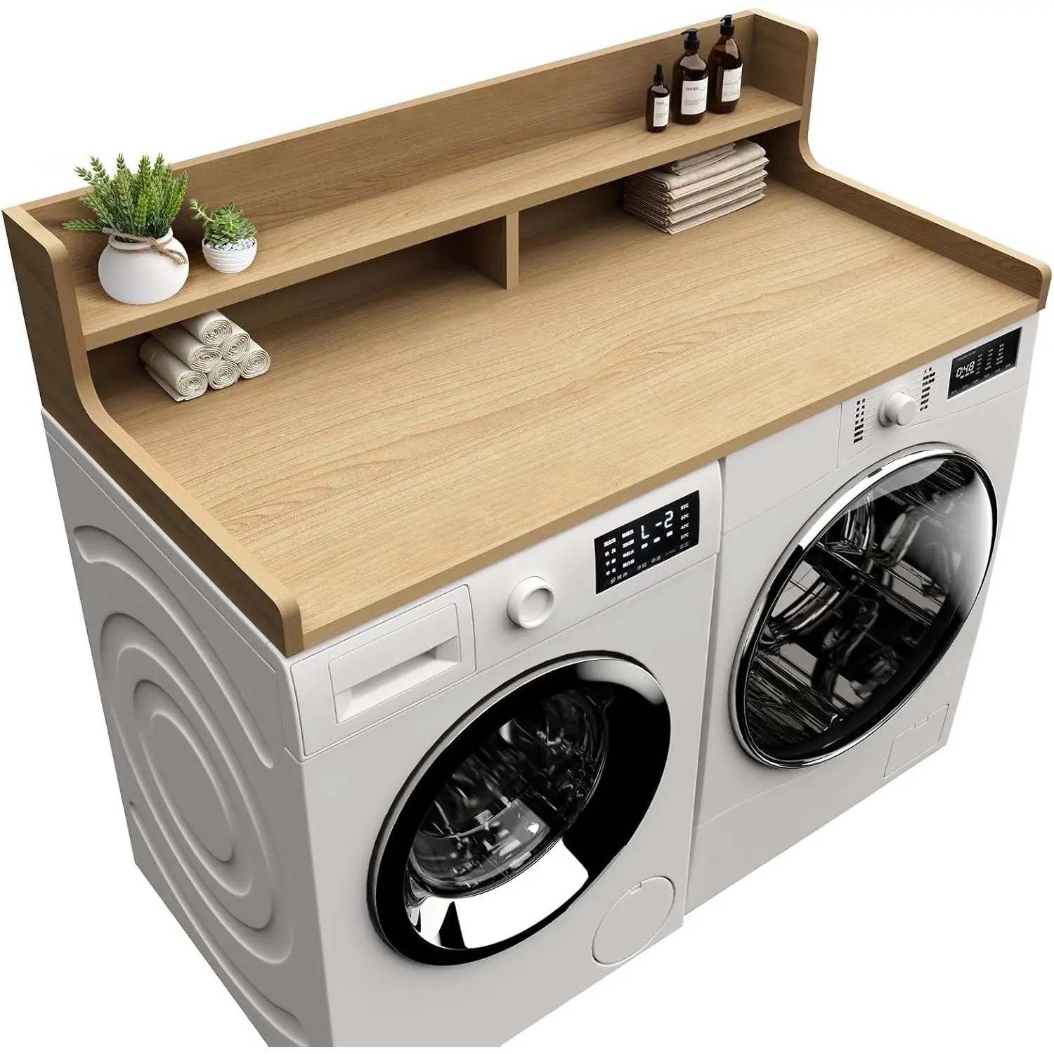 Washer Dryer Countertop - 54"x27.55" 2-Tiered Wooden Top with Edge Trim, Solid Oak Laundry Unit for Laundry Room Organization, Two-Tiered