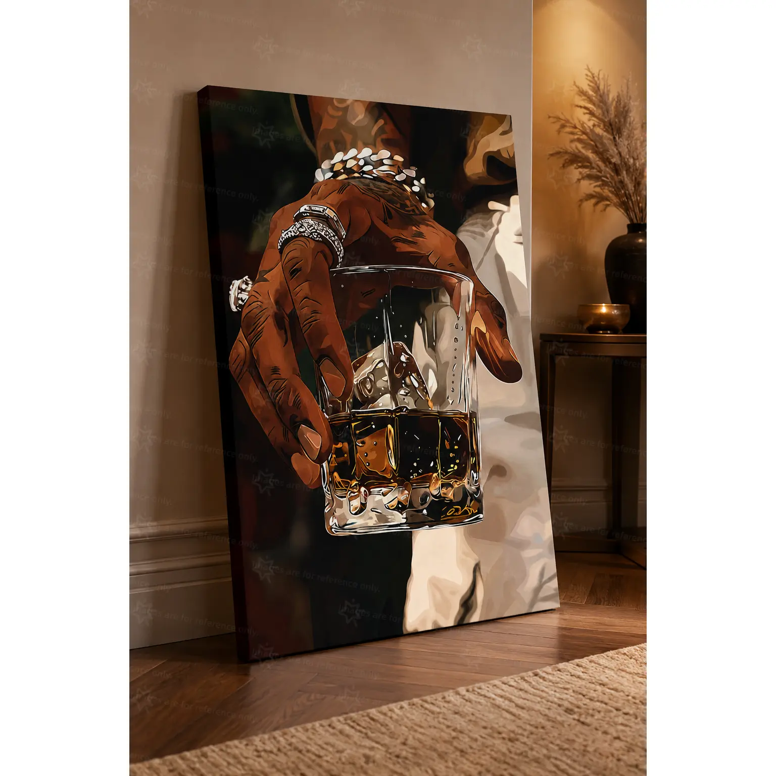 Luxury Tattooed Hand Whiskey Glass Wall Art Canvas Poster, Diamond Jewelry Cool Bar Aesthetic Decorative Poster Prints, Elegant Drink Wall Decor for Man Cave Bar Bedroom Living Room, Available as Unframed Canvas Poster or Framed Canvas Wrap
