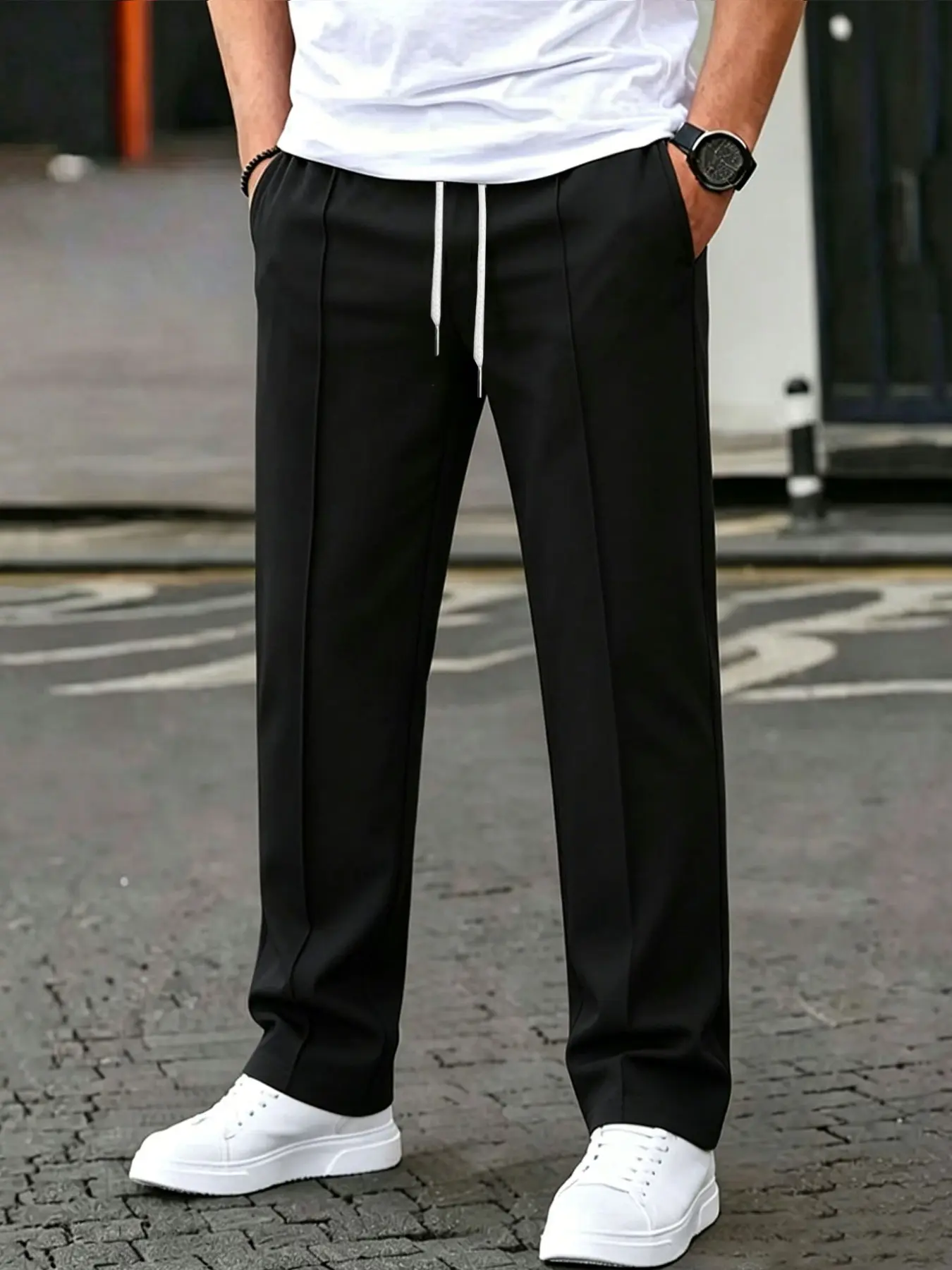 Men's Fashion Solid Color Drawstring Casual Loose Fit Long Pants, Comfortable and Stylish, Perfect for Daily Wear, Trendy and Versatile