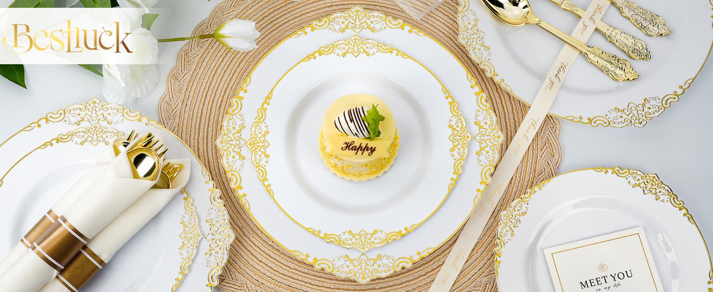 Bestluck 175PCS Gold Plastic Plates for 25 Guests, Disposable Dinnerware Sets Include 50 Gold Rim Plastic Plates, 25 Silverwares, 25 Cups, and 25 Pre Rolled Napkins for Party, Wedding and Graduation