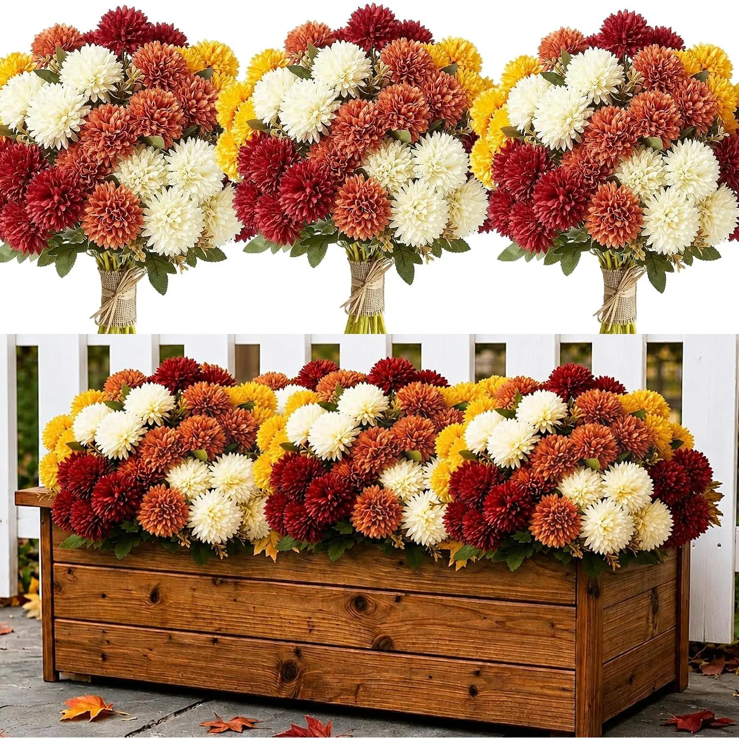 12Pcs Artificial Fall Mums for Outdoors, UV Resistant Fake Silk Mums | Realistic No Fade Faux Chrysanthemums Bouquet Front Door Yard Planter Vase Table Arrangement Outside Home Decor