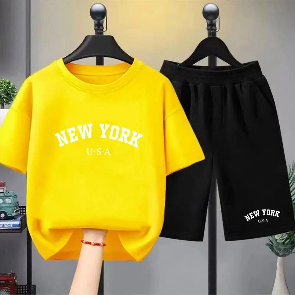 New York letter print Tshirt Clothes Boys Girls Age 3-12 Tee+shorts suit Children Short Sleeve Child Loose Casual Black white