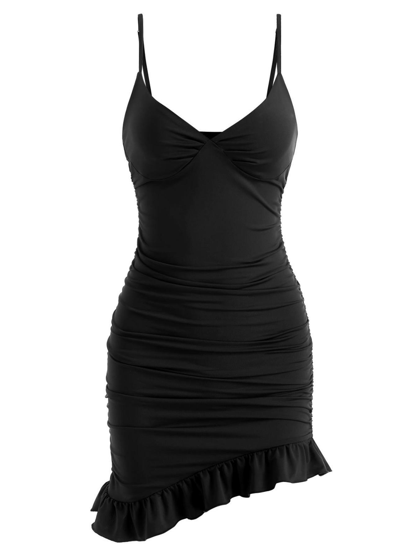 Women's Asymmetrical Ruffle Hem Ruched Cami Bodycon Dress, Summer Dresses, Chic Elegance, Casual Formal Womenswear, Sleeveless Adjustable Spaghetti Strap Mini Sundress for Party Holiday, Slim Fit Polyester Womenswear, Date Night Dresses