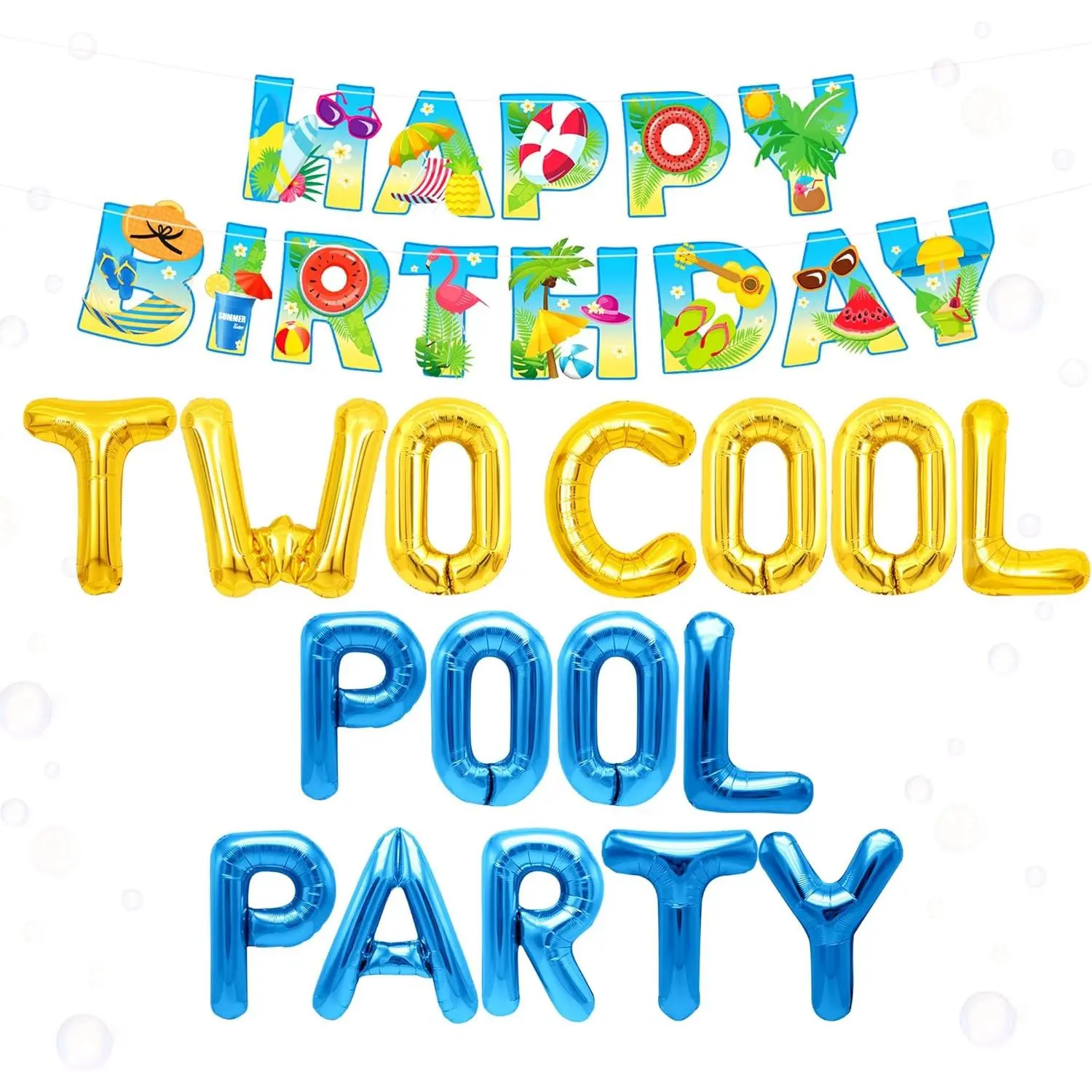 2 Pool Party 2nd Birthday Decoration Kit, Tropical Metallic Swimming Pool Themed Balloons with Backdrop & Banner (Home & Festive Party Supplies)