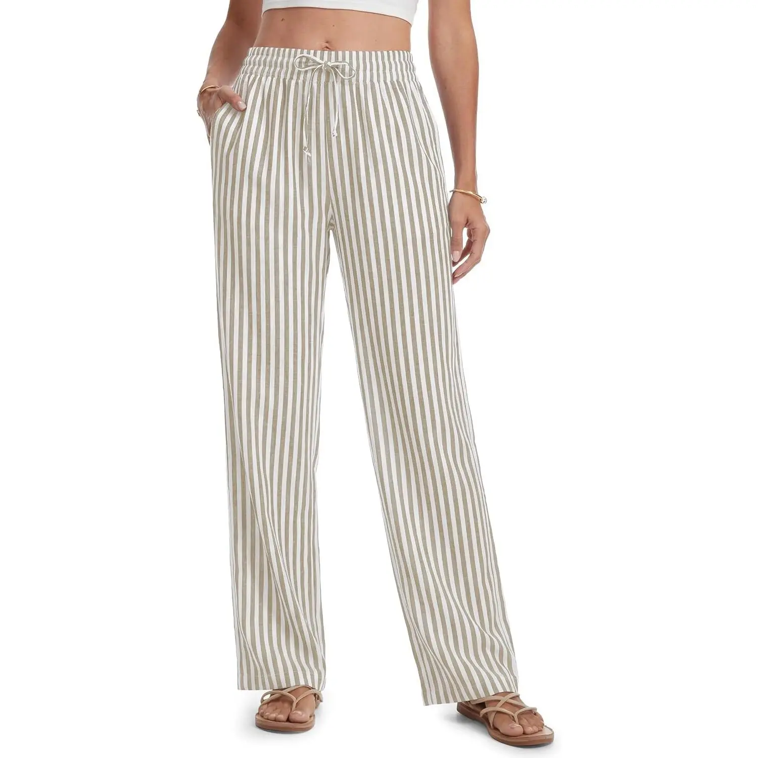 Women's Tall Linen Pants, Breathable Striped Wide Leg Summer Bottoms with Pockets and a Stretchy Adjustable Waist, 32"/34"/36" Inseam, Chic