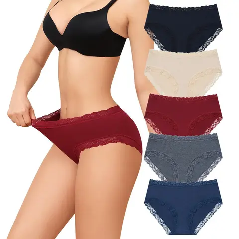 LEVAO Women's Classic Cotton Briefs - 5-Pack Mid-Rise Full Coverage Casual Underwear, Soft Stretch Lace Breathable Comfy Innerwear, Daily Briefs Set Underwear for Women