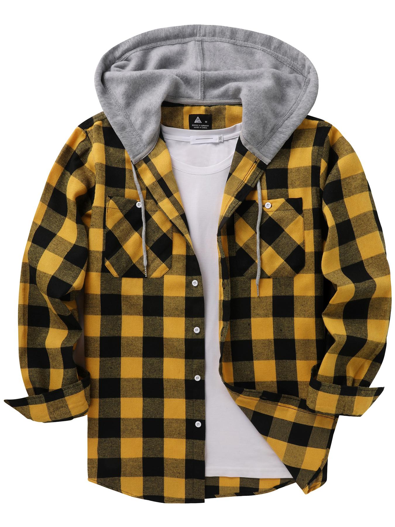 Men's Plaid Button-Front Drawstring Hooded Shirt, Regular Fit Casual Long-Sleeve Outerwear with Pockets for Spring and Fall, Men's Clothes for Daily Wear
