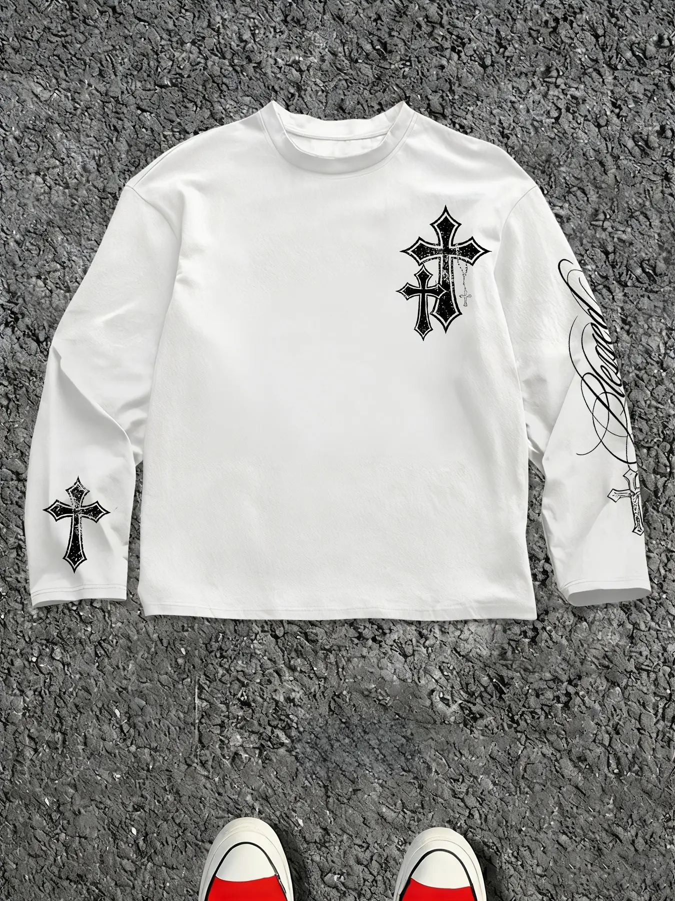 Men’s Gothic Cross Graphic Long Sleeve T-Shirt, Distressed Punk Streetwear Top, Multi Position Cross & Cursive Script Print, Casual Crew Neck Relaxed Boxy Fit, Clean Solid Base With Dark Art Pattern, Versatile Layering Basic Shirt Aesthetic
