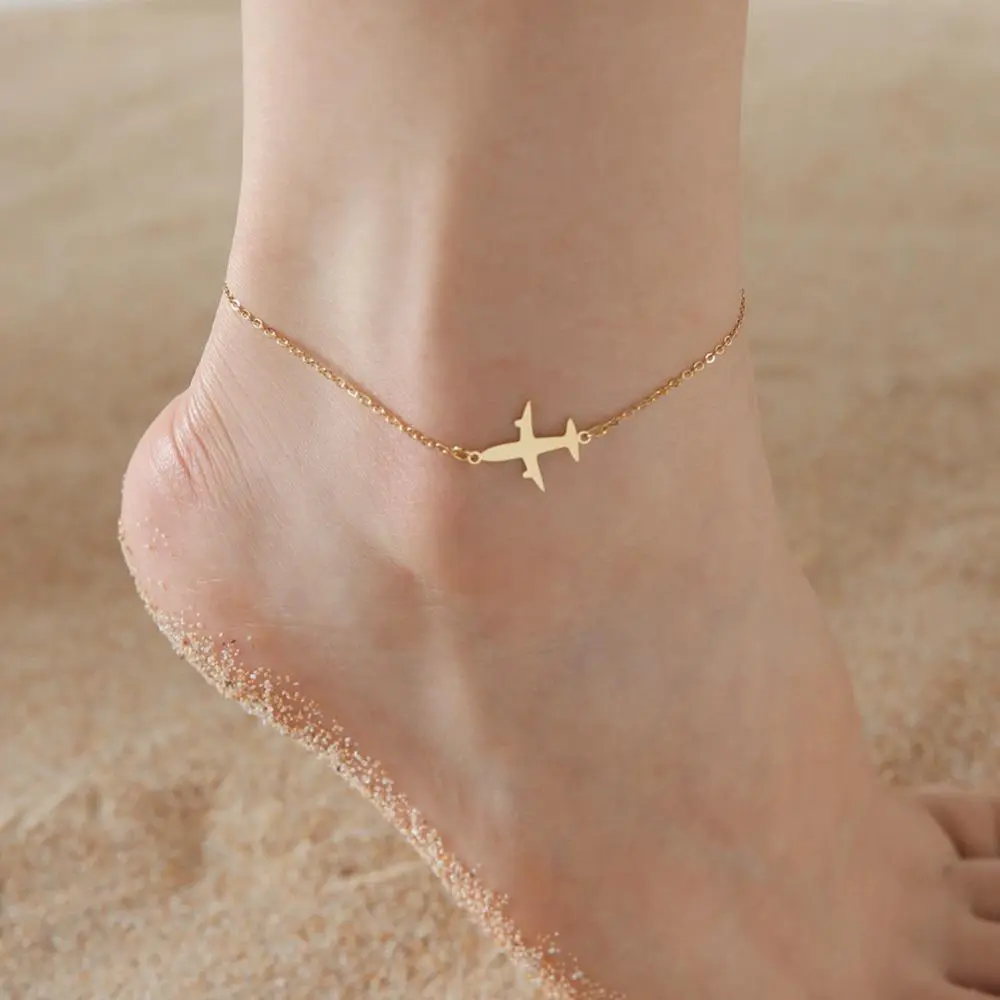 Ladies' Minimalist Gold Tiny Plane Pendant Anklet for Women - 21cm Main Chain, 5cm Extension, Adjustable Length, Lightweight Travel Charm Ankle Bracelet, Elegant Summer Costume Jewelry, Anklets For Women, Leather Pu, Accessories For Women, Airplane