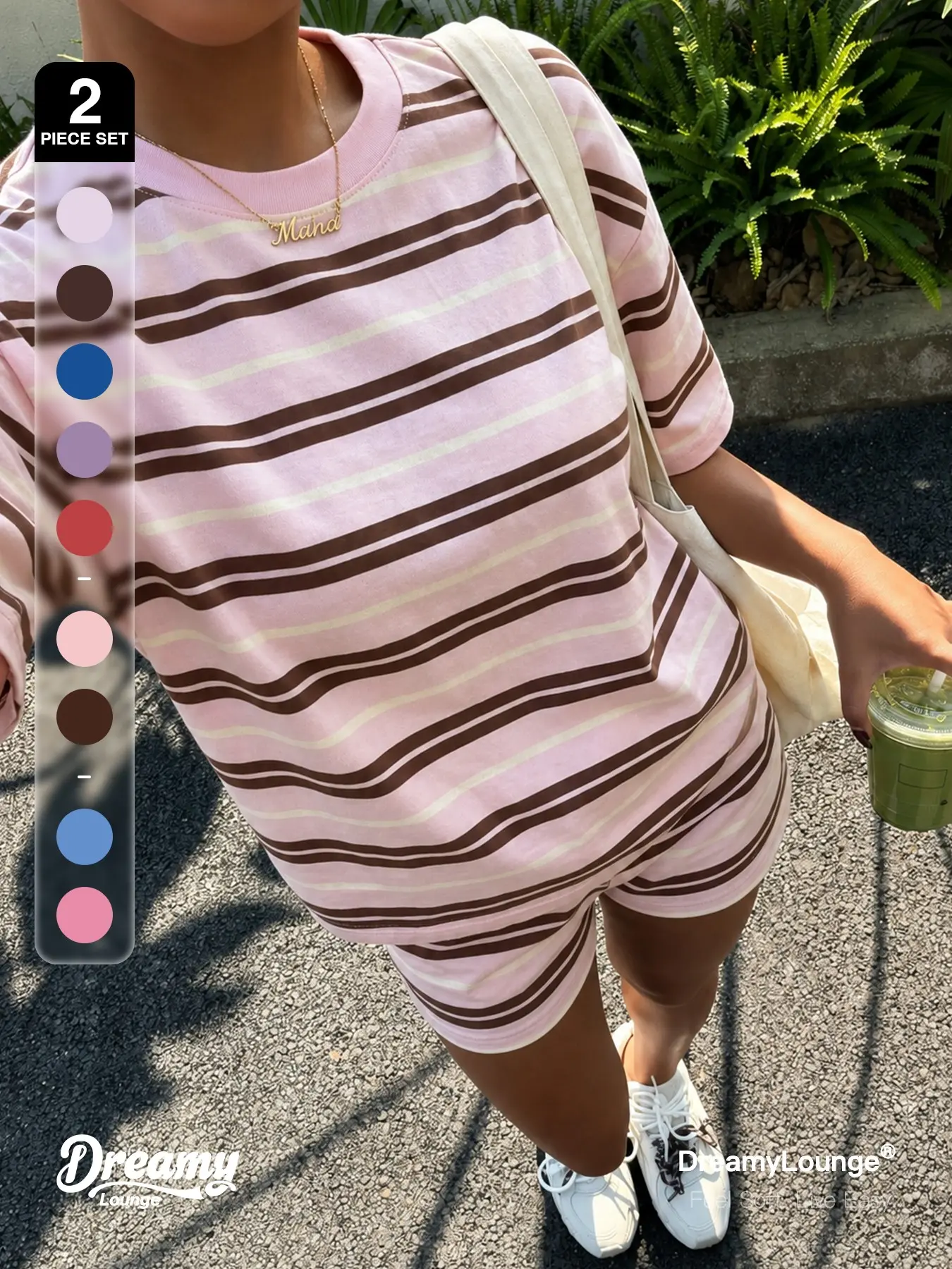 | 2-Piece Set | DreamyLounge Women’s Striped T Shirt and Shorts 2 Piece Casual Lounge Set, Soft Short Sleeve Tee with Matching Elastic Waist Shorts for Coffee Run, Travel, Weekend, Homewear and Everyday Comfort