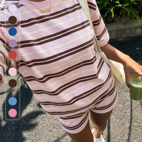 Women’s DreamyLounge Striped T Shirt and Shorts, 2 Piece Casual Lounge Set, Co Ord Sets, Soft Short Sleeve Tee and Matching Elastic Waist Shorts, Ideal for Coffee Run, Travel, Weekend & Lounging At Home, Everyday Comfort