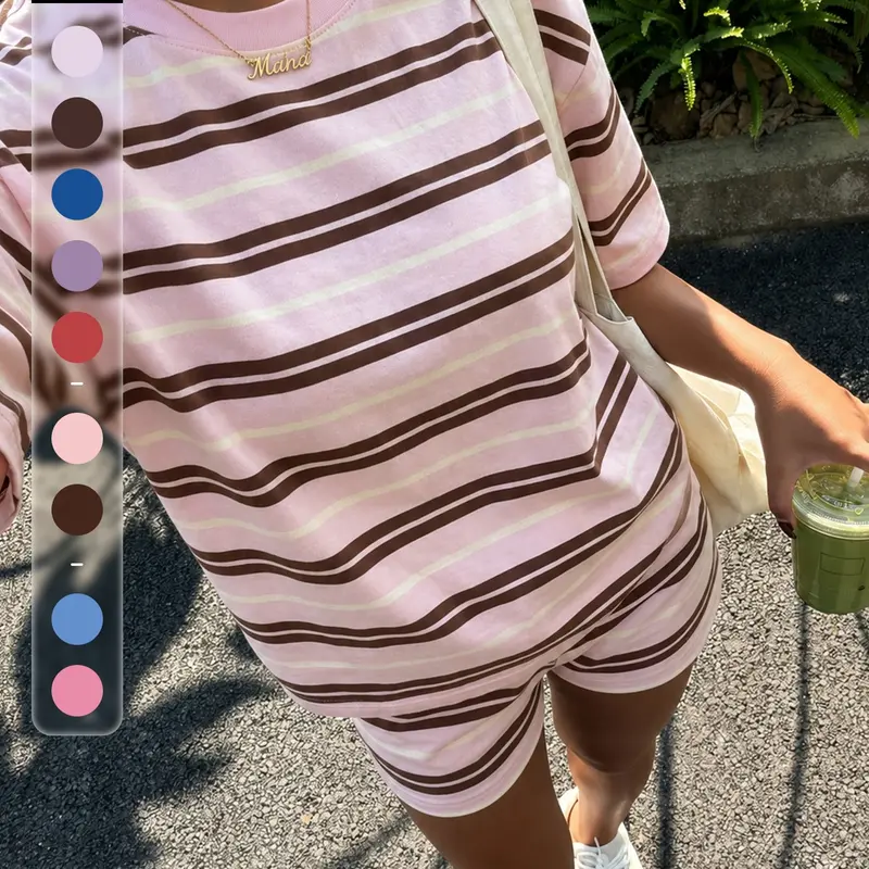 Women’s DreamyLounge Striped T Shirt and Shorts, 2 Piece Casual Lounge Set, Co Ord Sets, Soft Short Sleeve Tee and Matching Elastic Waist Shorts, Ideal for Coffee Run, Travel, Weekend & Lounging At Home, Everyday Comfort